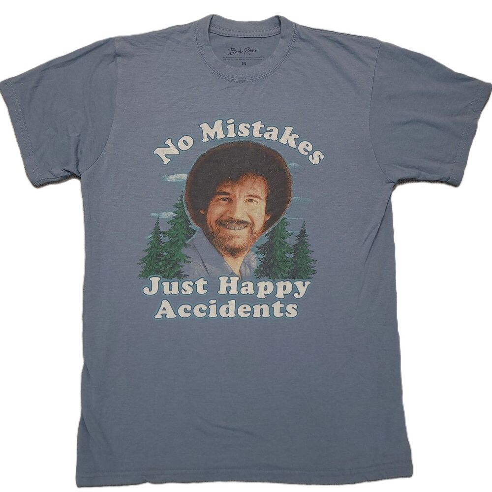 Bob Ross "No Mistakes Just Happy Accidents" Graphic T Shirt Mens M Short Sleeve